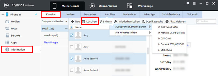 Mit Syncios Manager iPhone-Kontakte löschen