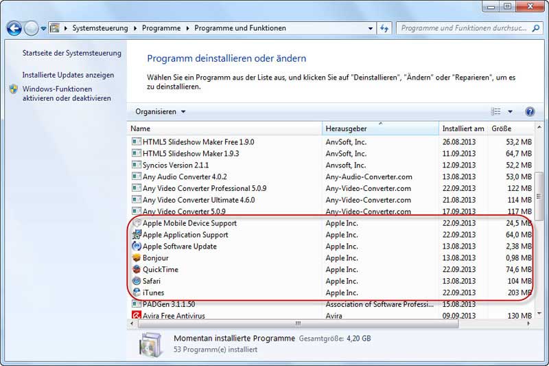Deinstallieren Sie iTunes