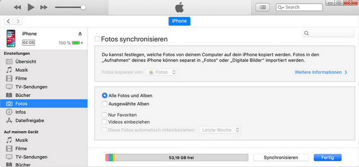 mit iTunes Fotos von iPhone 11 sichern