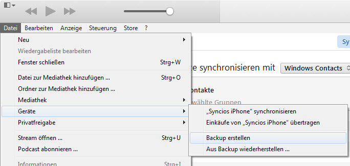 iPhone Kontakte mittels iTunes sichern