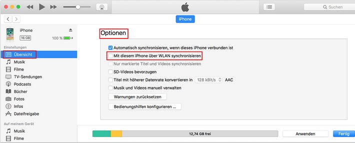 Mit diesem iPhone über WLAN synchronisieren