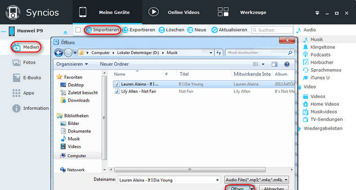 Musik vom Computer auf Huawei P9 importieren