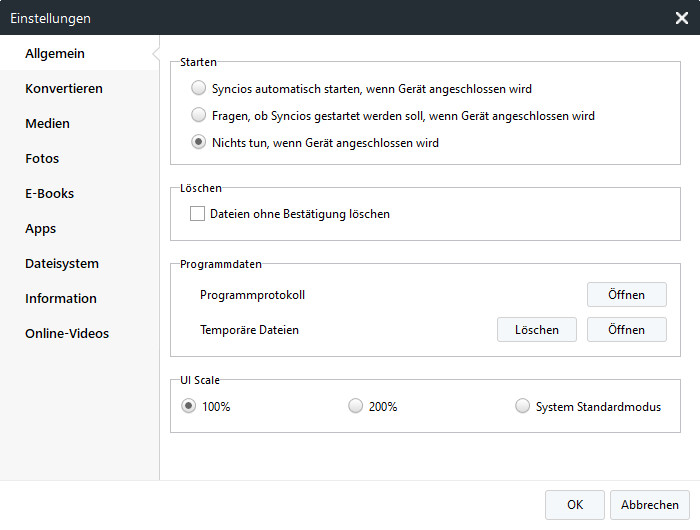 Syncios iOS Allgemeine Einstellungen