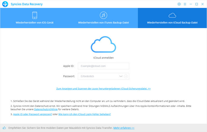 Sich bei iCloud anmelden