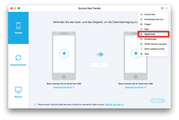 Registrieren Sie Syncios Data Transfer für Mac