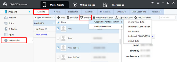 Syncios iPhone Kontakte Manager