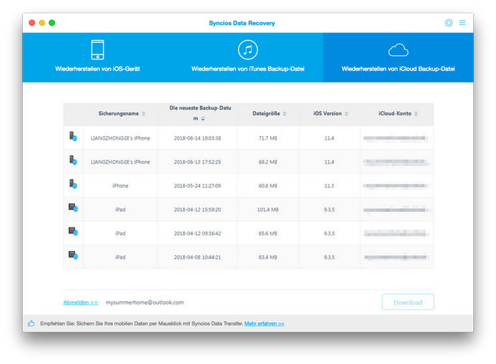 Liste der iCloud-Backups
