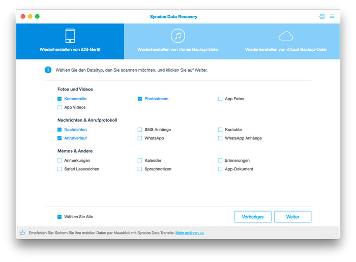 Gerät scannen oder Backup